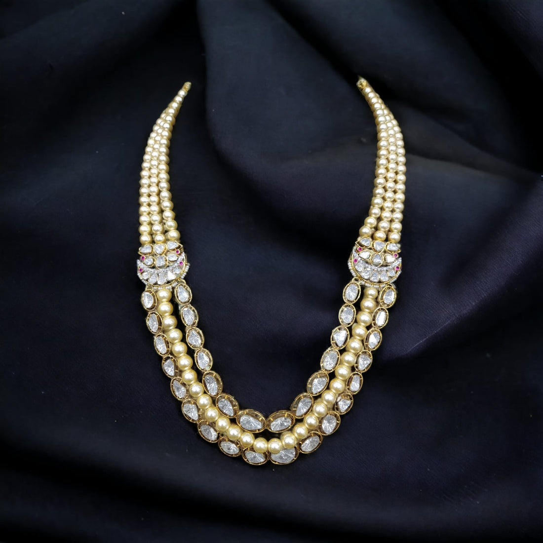 Triple-Layer Lab-Grown Polki & Pearl Necklace | Traditional Jadau Mala