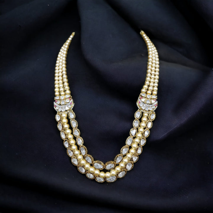 Triple-Layer Lab-Grown Polki & Pearl Necklace | Traditional Jadau Mala