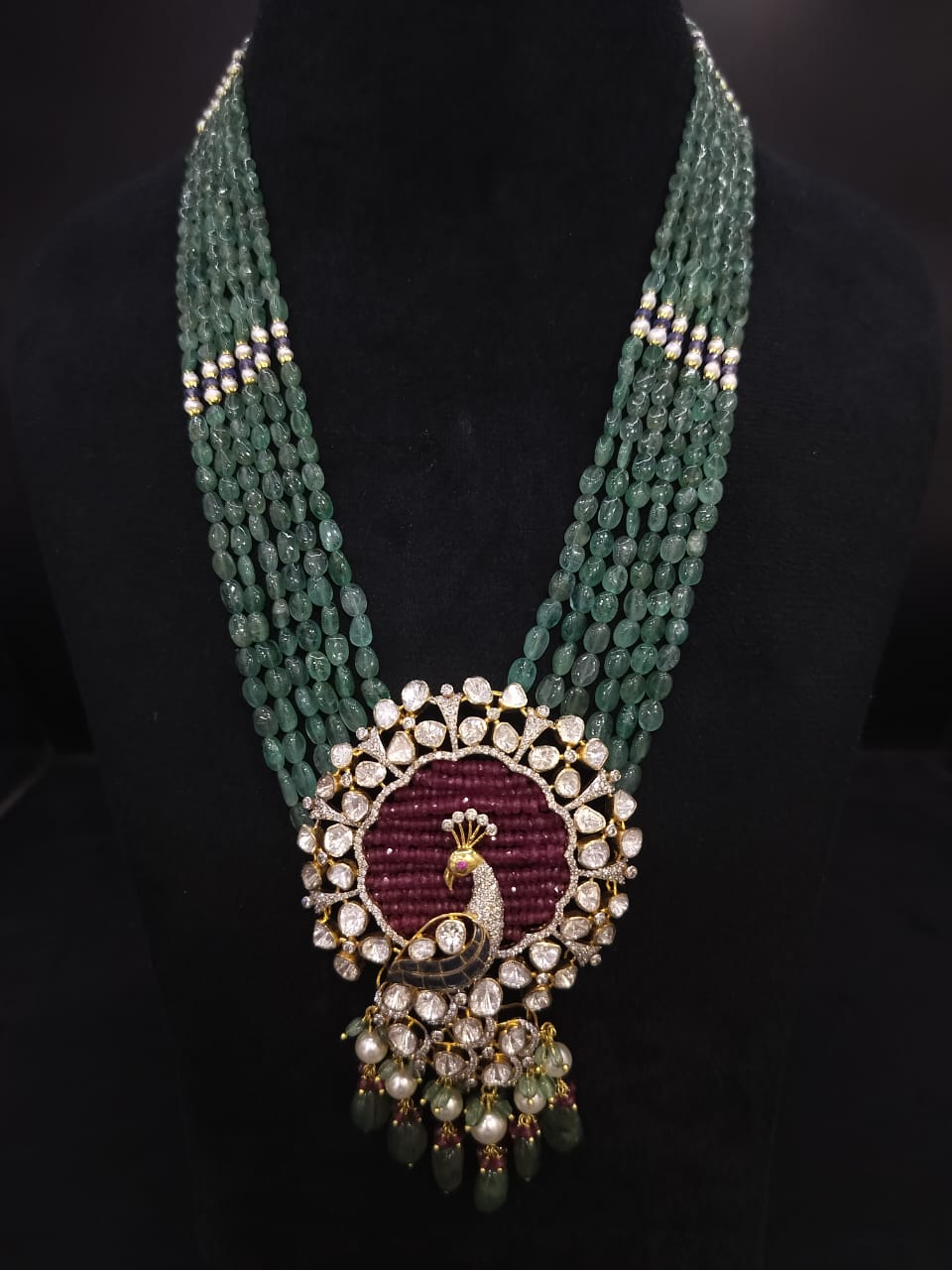 Royal Peacock Lab-Grown Polki Diamond Necklace Set with Multi-Strand Emerald Beads