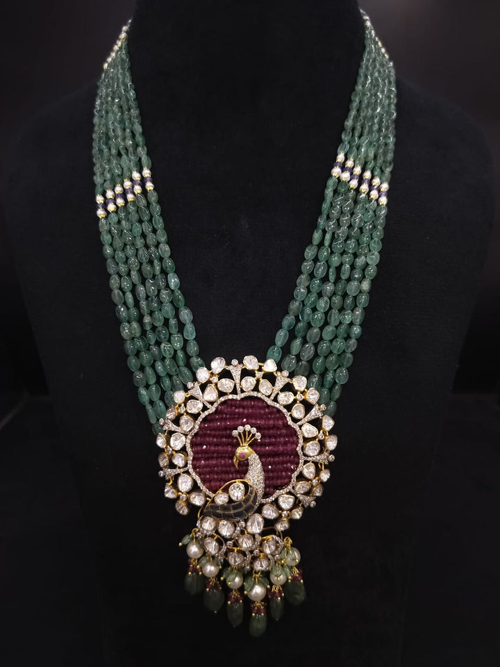 Royal Peacock Lab-Grown Polki Diamond Necklace Set with Multi-Strand Emerald Beads