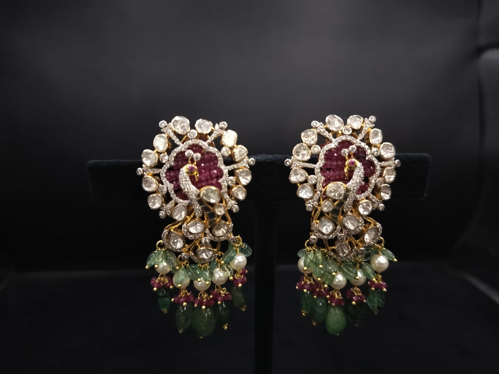 Royal Peacock Lab-Grown Polki Diamond Necklace Set with Multi-Strand Emerald Beads