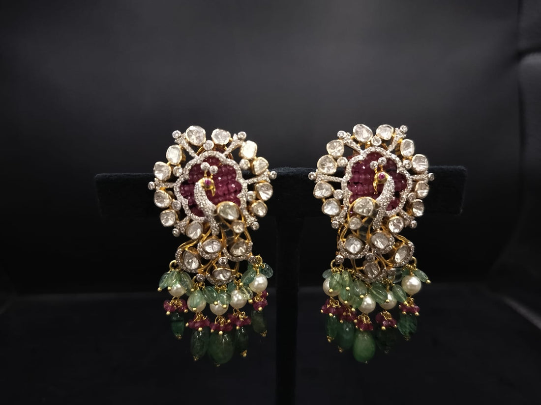 Royal Peacock Lab-Grown Polki Diamond Necklace Set with Multi-Strand Emerald Beads