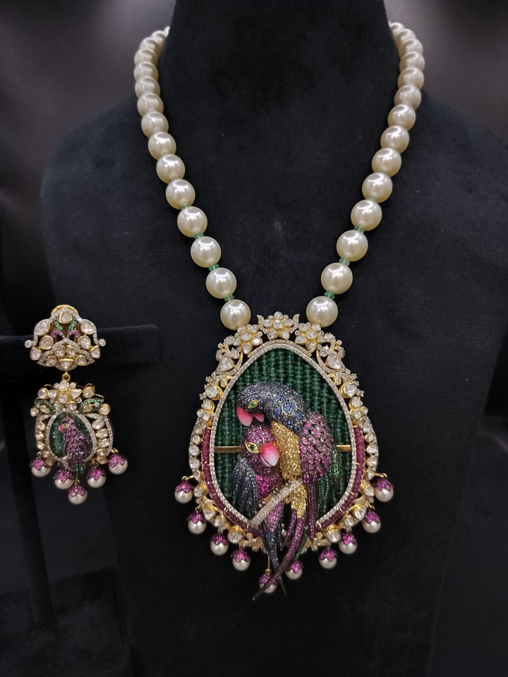 Statement Lab-Grown Polki Parrot Necklace with Emerald & Ruby Accents