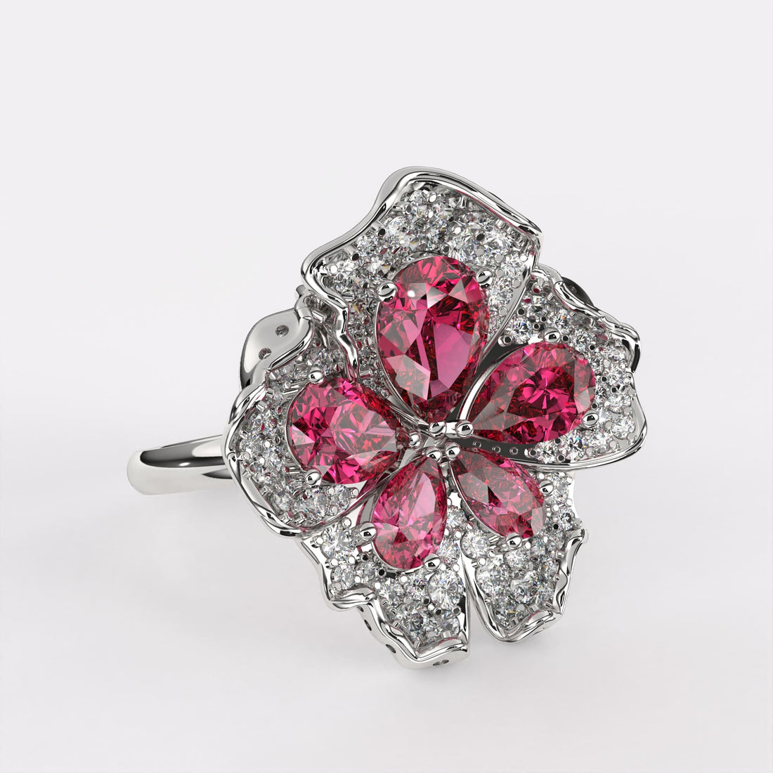 Red Dropsy Petals Diamond ring In 925 Silver