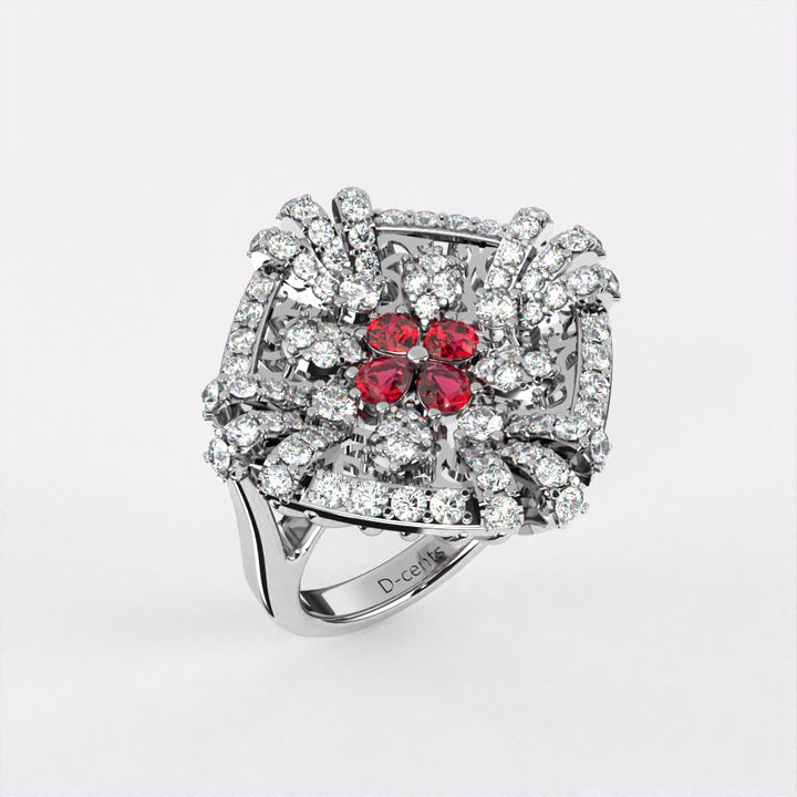 Red Floret Diamond Ring in 925 Silver