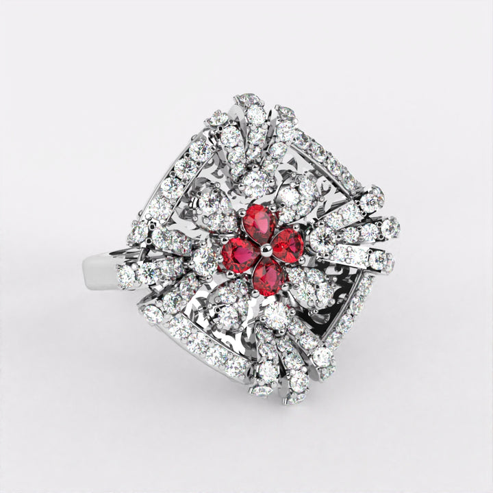 Red Floret Diamond Ring in 925 Silver