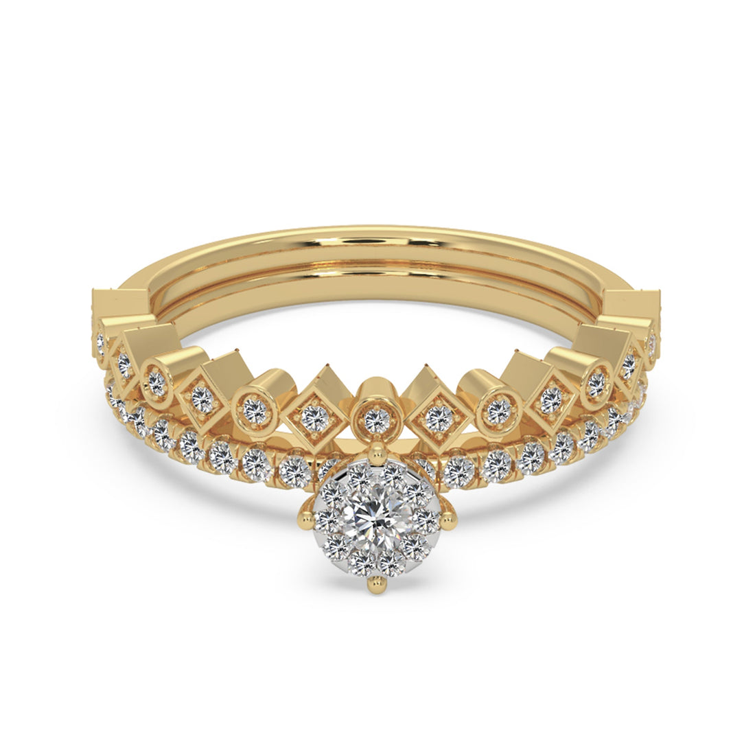 Round Brilliant Lab Grown Diamond Crown Halo Ring with Pavé Band