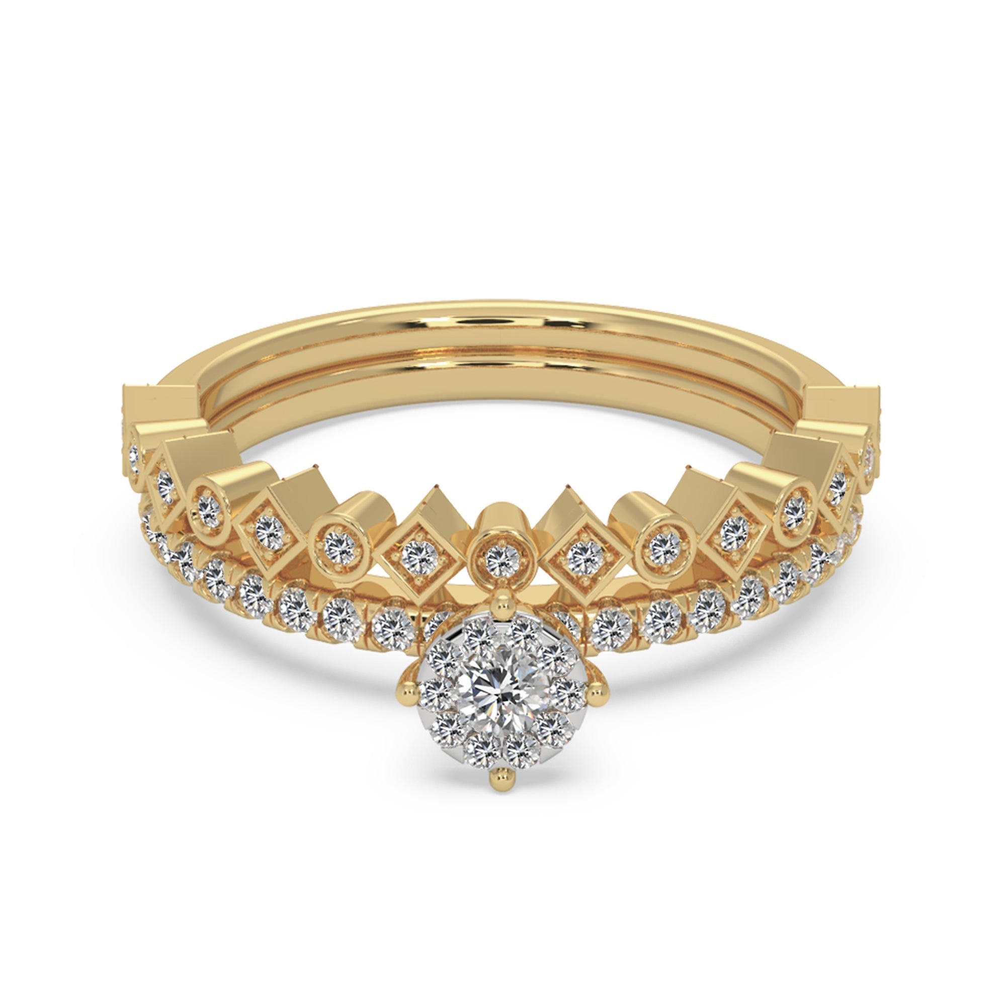 Round Brilliant Lab Grown Diamond Crown Halo Ring with Pavé Band