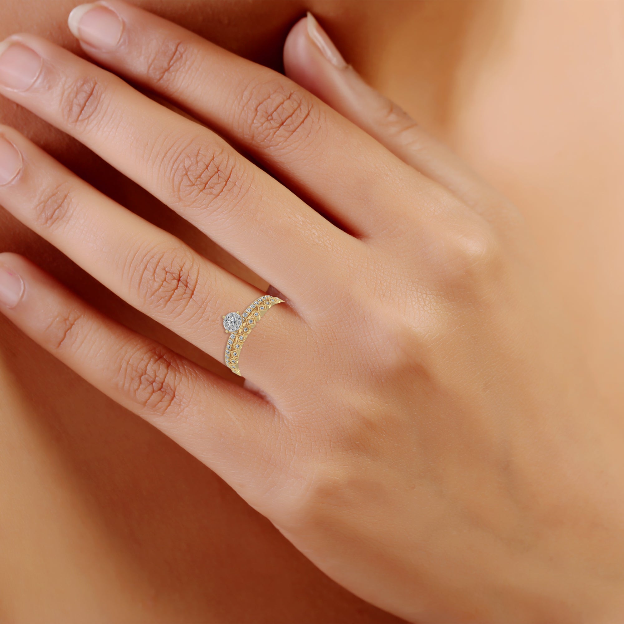 Round Brilliant Lab Grown Diamond Crown Halo Ring with Pavé Band