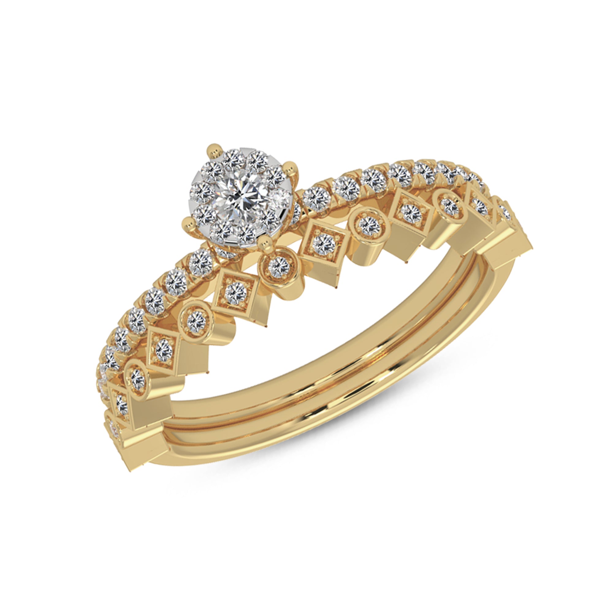Round Brilliant Lab Grown Diamond Crown Halo Ring with Pavé Band