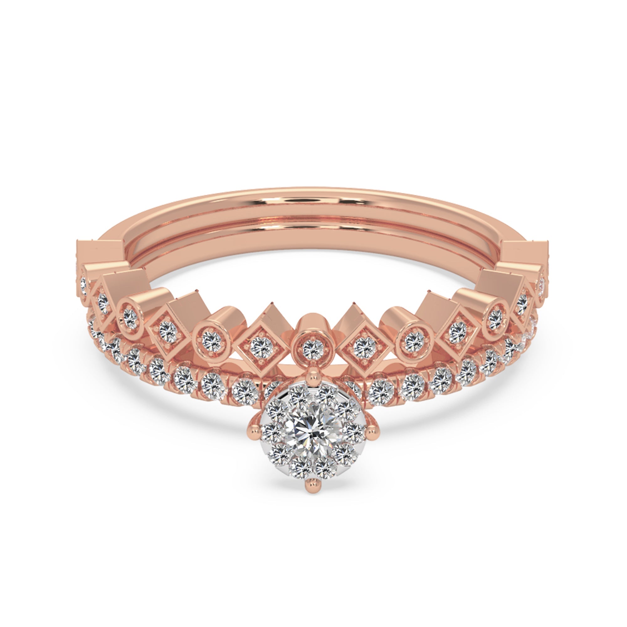 Round Brilliant Lab Grown Diamond Crown Halo Ring with Pavé Band