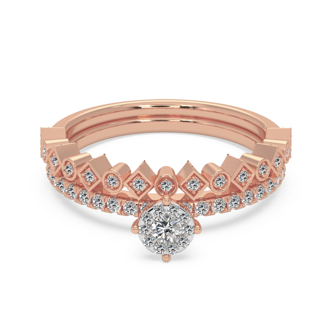 Round Brilliant Lab Grown Diamond Crown Halo Ring with Pavé Band