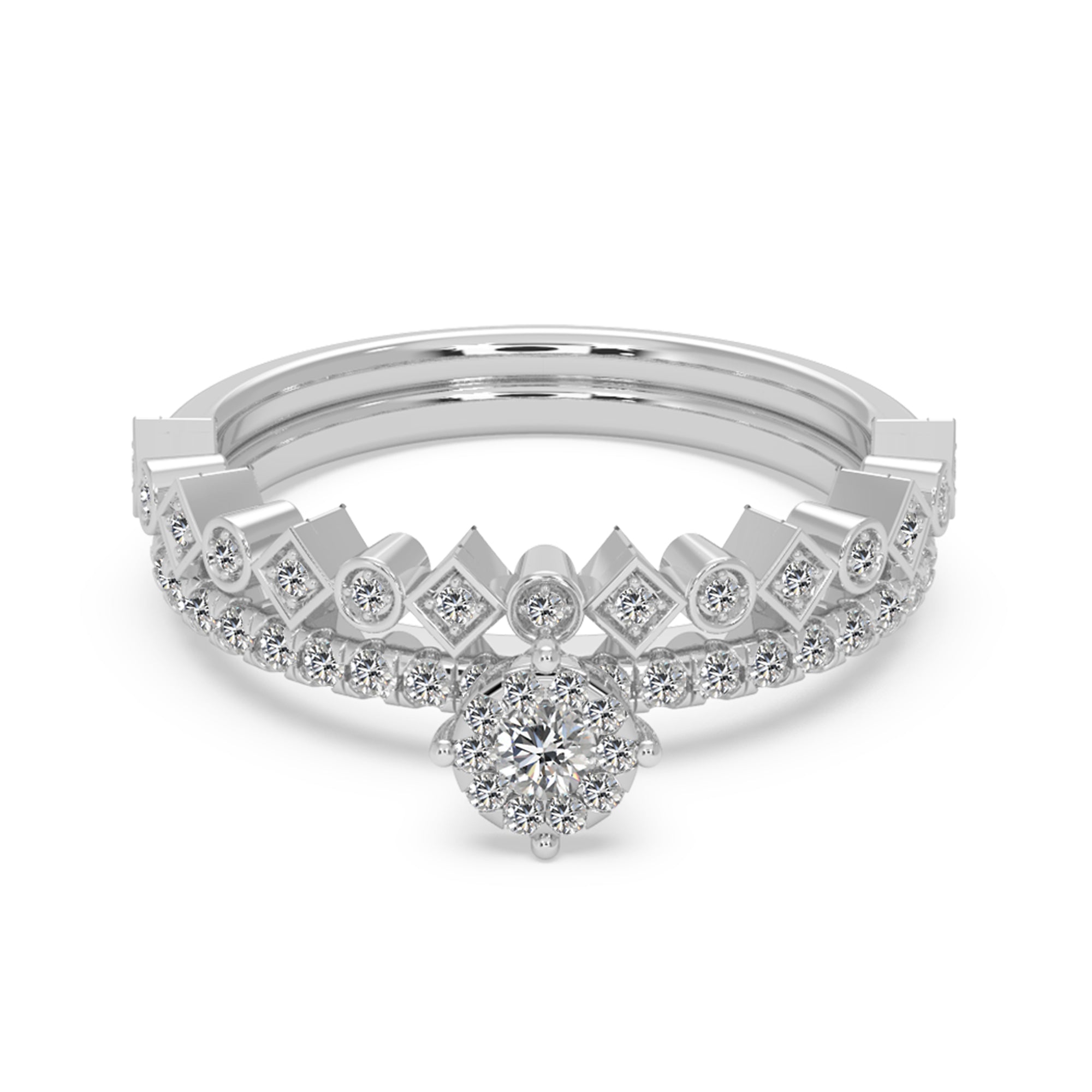 Round Brilliant Lab Grown Diamond Crown Halo Ring with Pavé Band