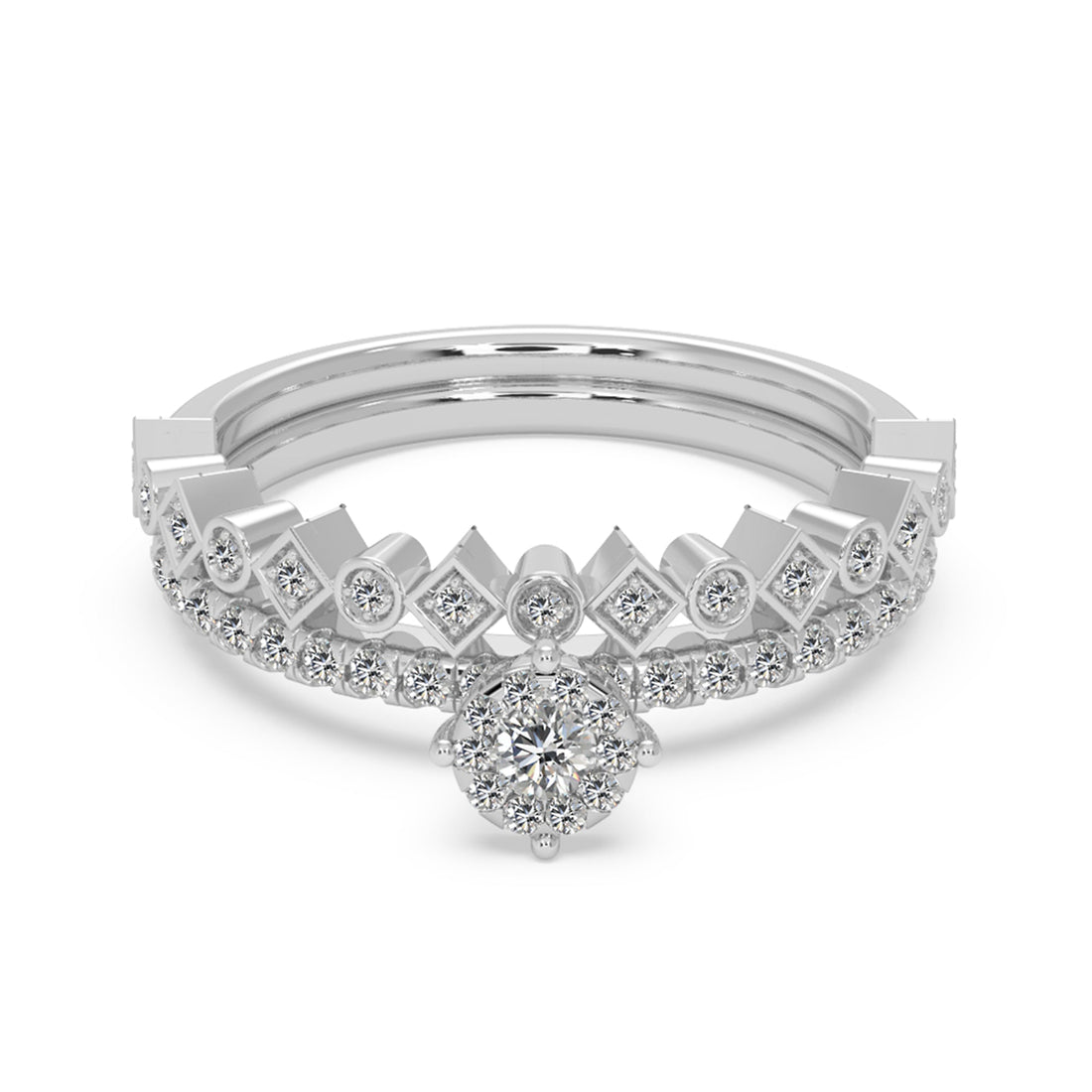 Round Brilliant Lab Grown Diamond Crown Halo Ring with Pavé Band