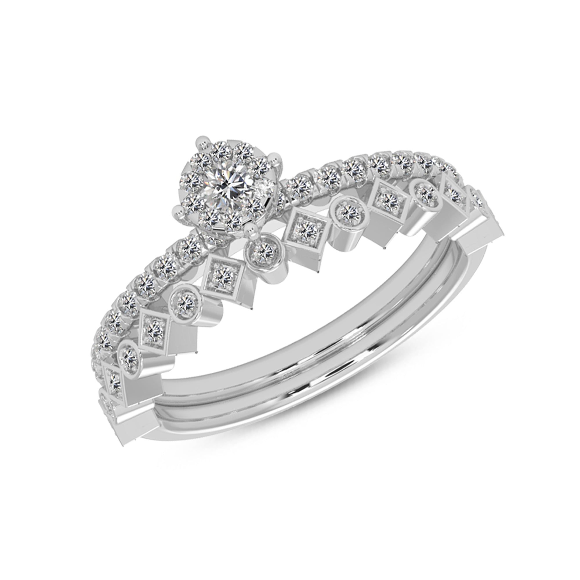 Round Brilliant Lab Grown Diamond Crown Halo Ring with Pavé Band
