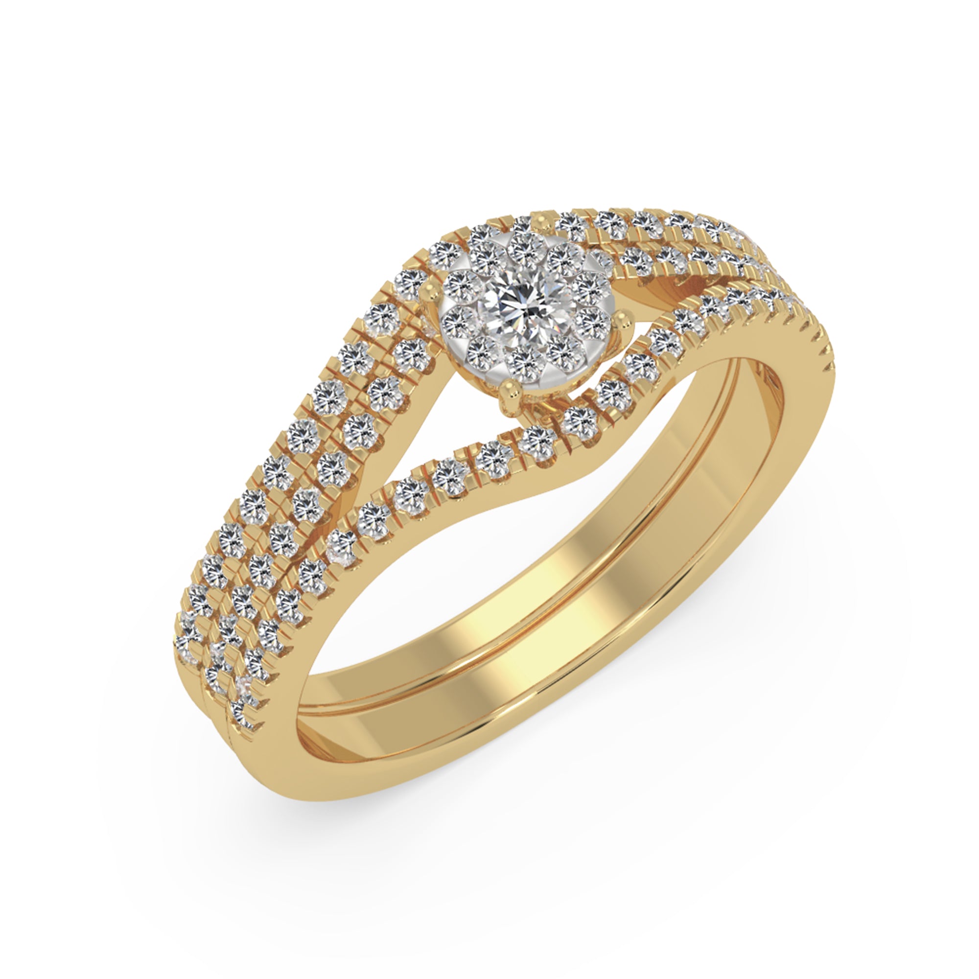 Round Cluster Halo With Contoured Pave Band Engagement Ring