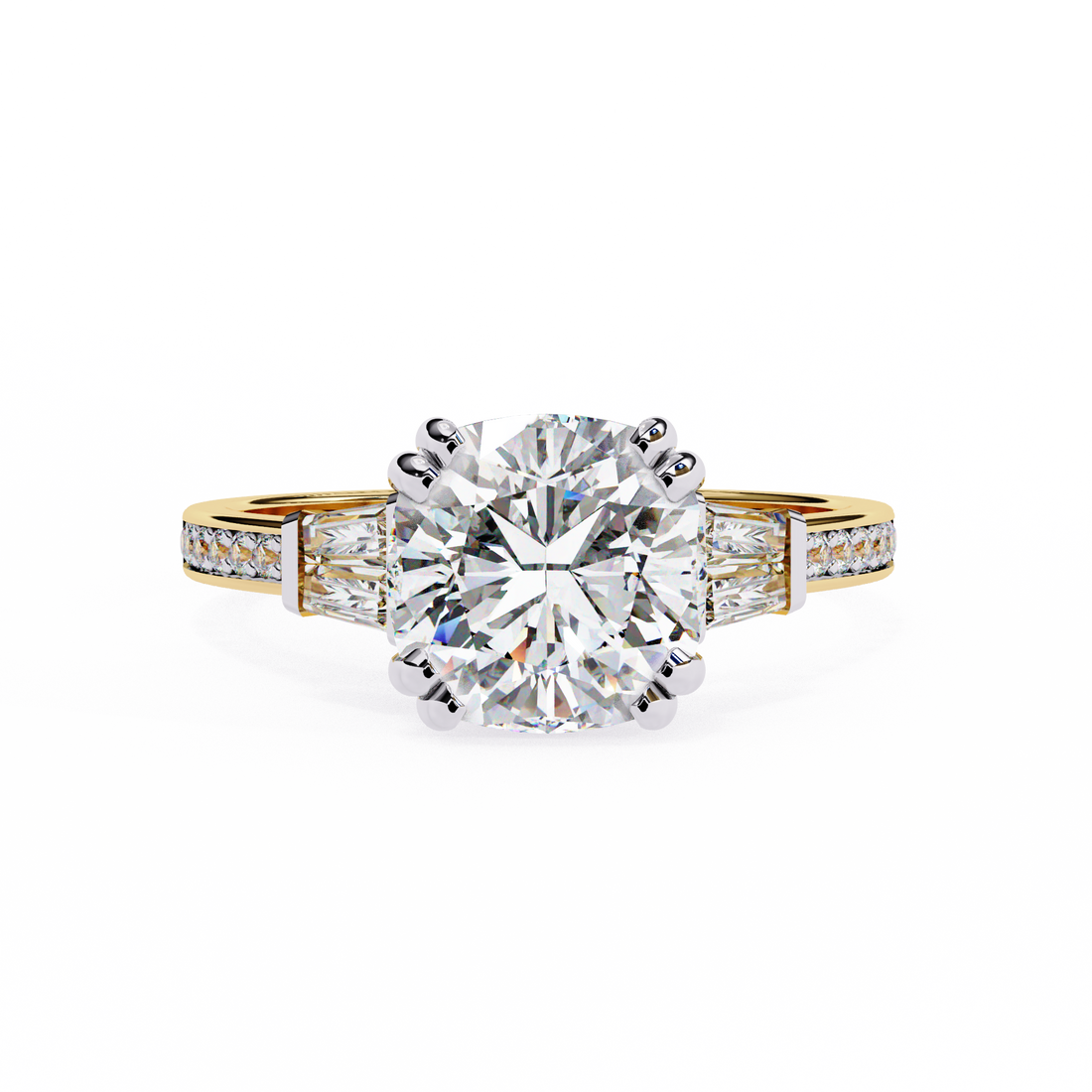 Round Cut Lab Grown Diamond  Ring with Tapered Baguette