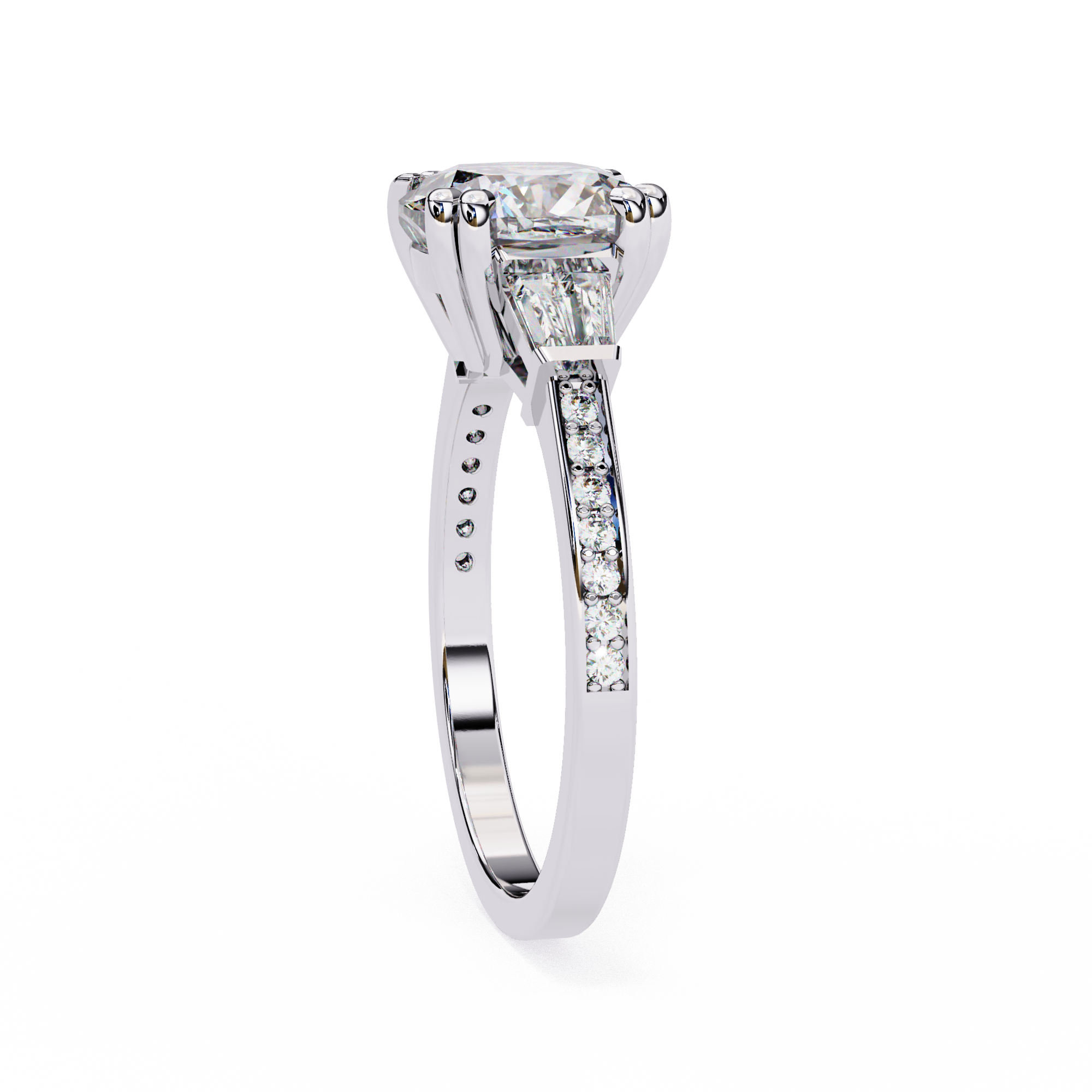 Round Cut Lab Grown Diamond  Ring with Tapered Baguette11