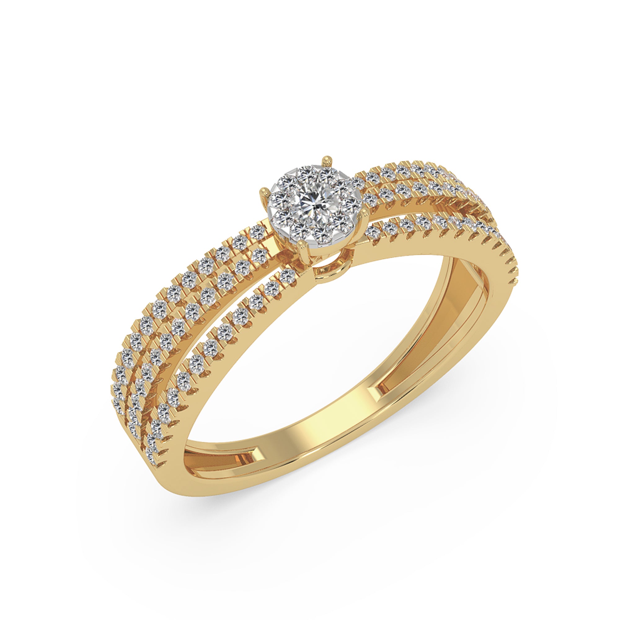 Round Lab Diamond Triple Band Ring - Parallel Pavé Halo Cluster Statement Piece