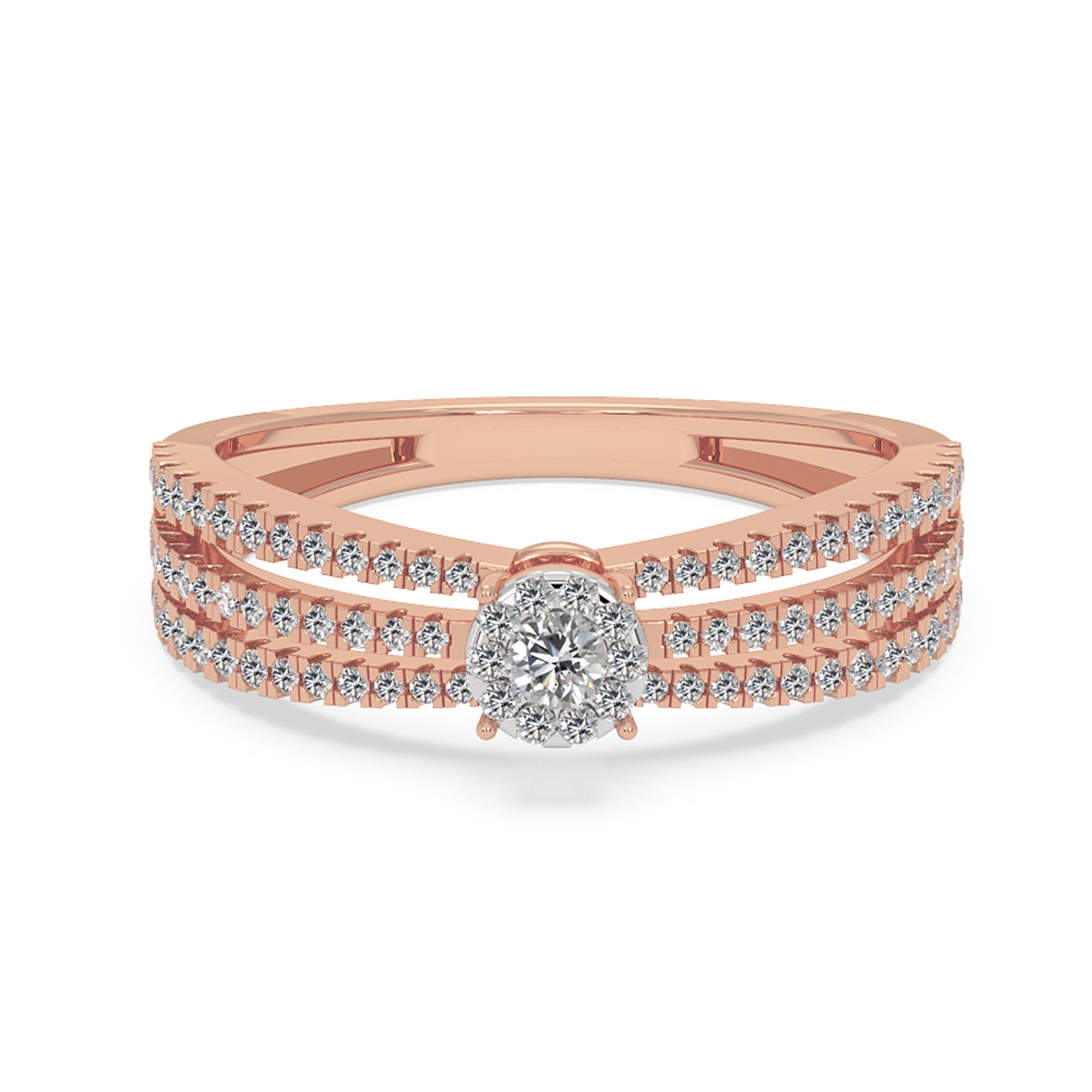 Round Lab Diamond Triple Band Ring - Parallel Pavé Halo Cluster Statement Piece