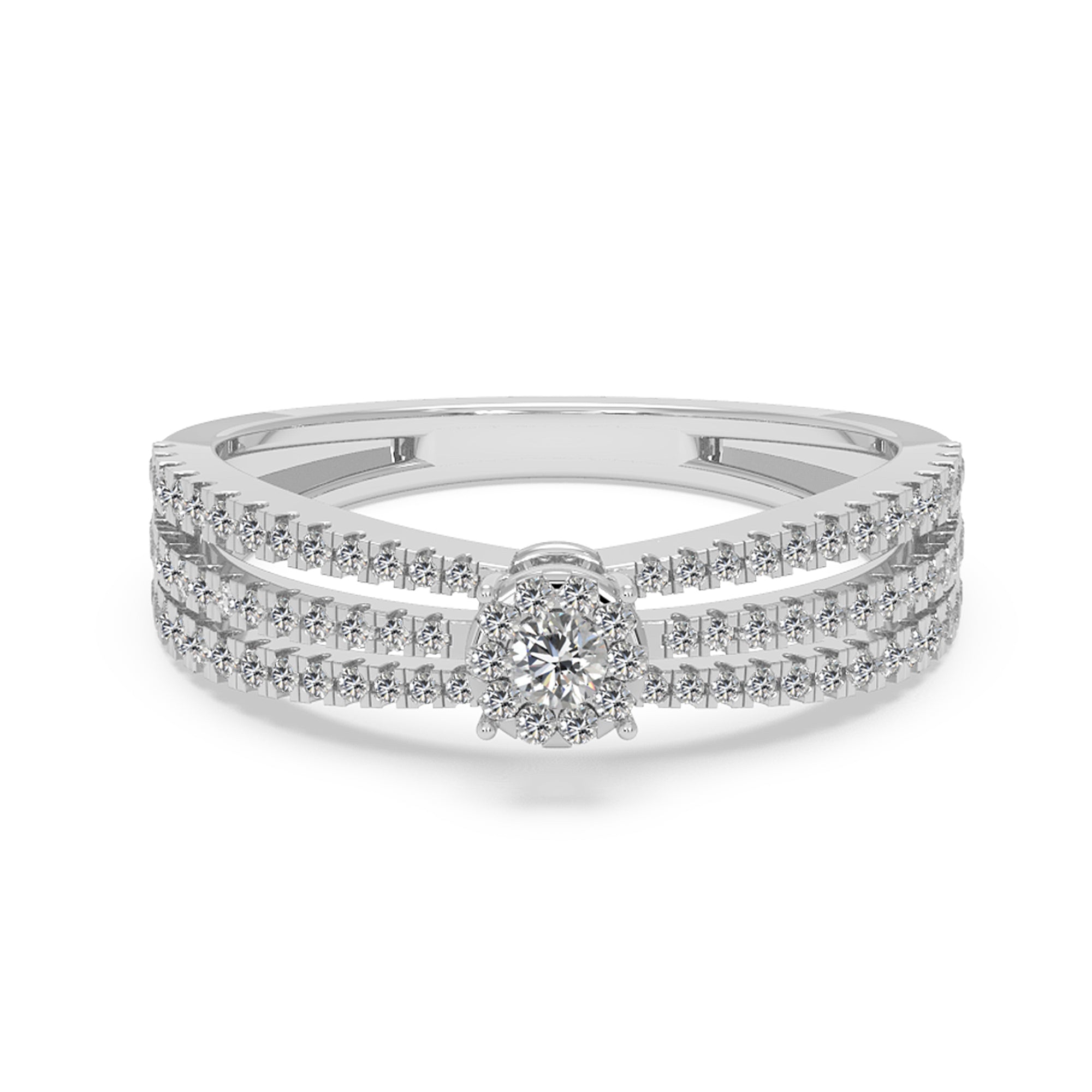 Round Lab Diamond Triple Band Ring - Parallel Pavé Halo Cluster Statement Piece