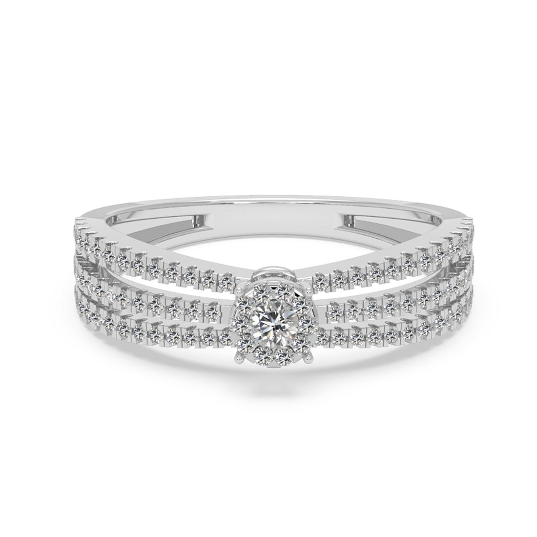 Round Lab Diamond Triple Band Ring - Parallel Pavé Halo Cluster Statement Piece