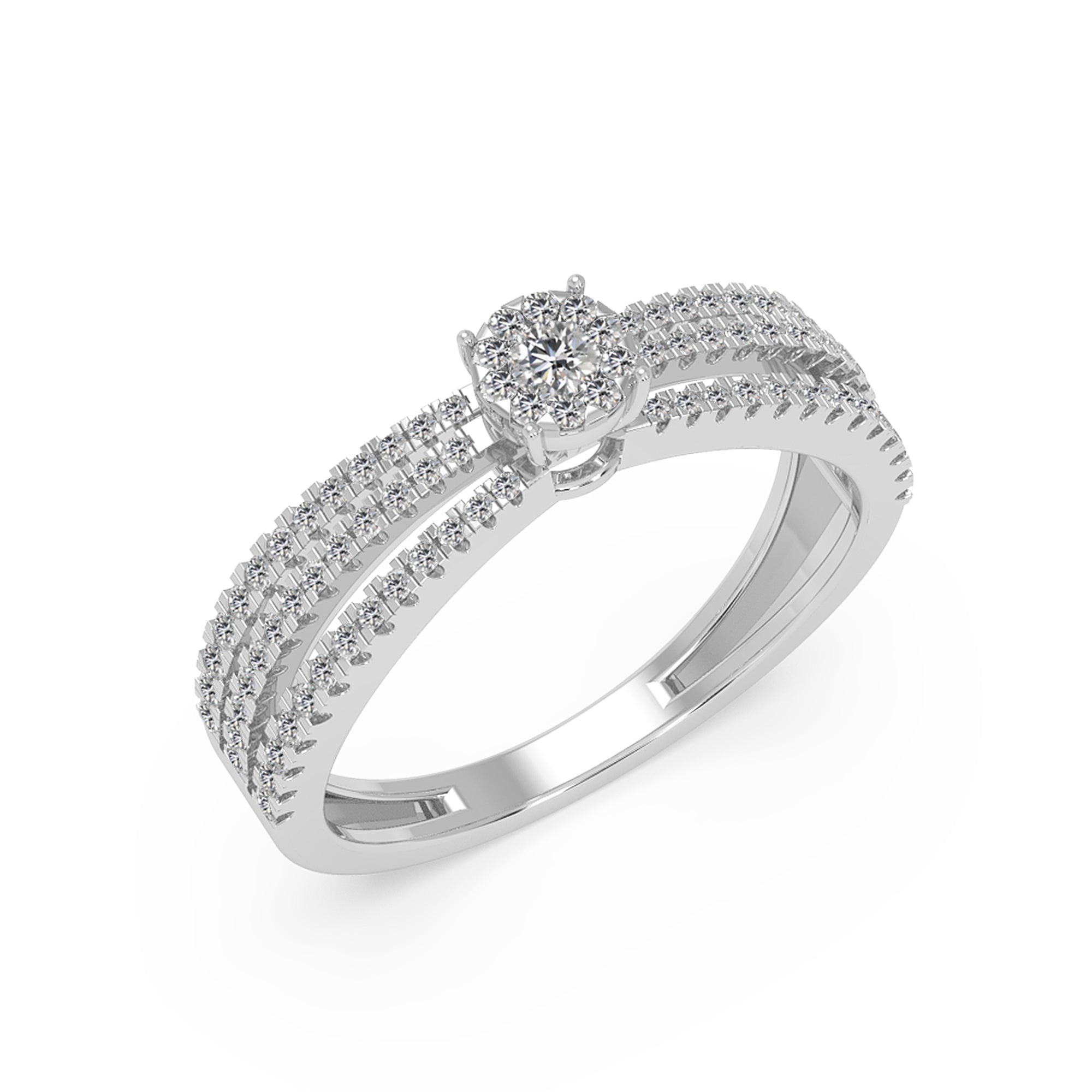 Round Lab Diamond Triple Band Ring - Parallel Pavé Halo Cluster Statement Piece