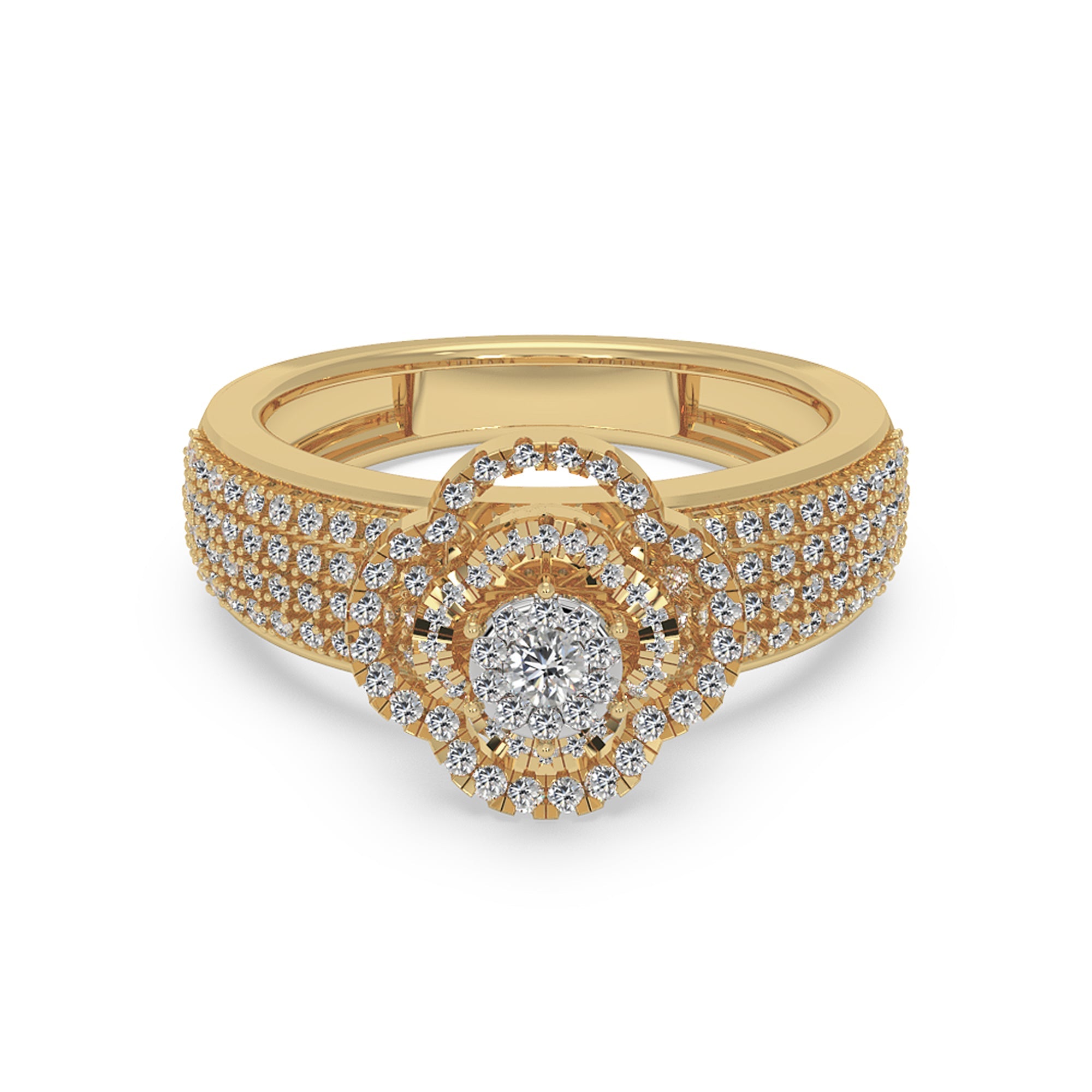 Round Lab Grown Diamond Double Halo Ring With Multi-Row Pave Band