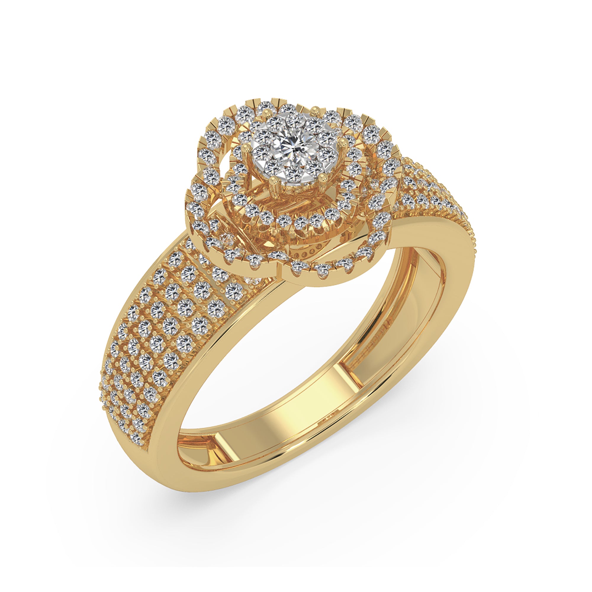 Round Lab Grown Diamond Double Halo Ring With Multi-Row Pave Band