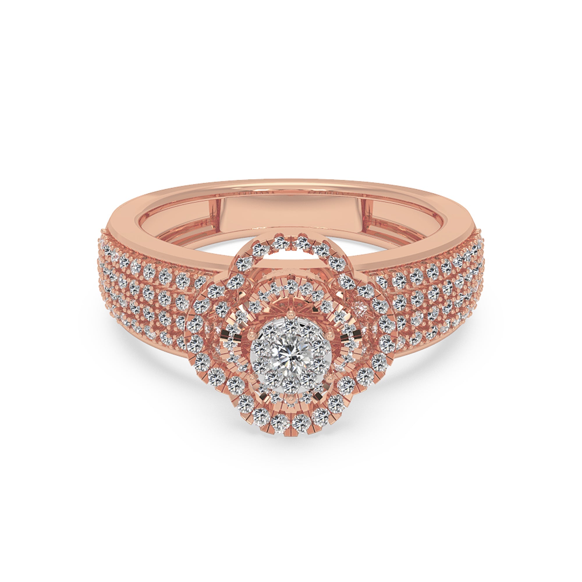 Round Lab Grown Diamond Double Halo Ring With Multi-Row Pave Band