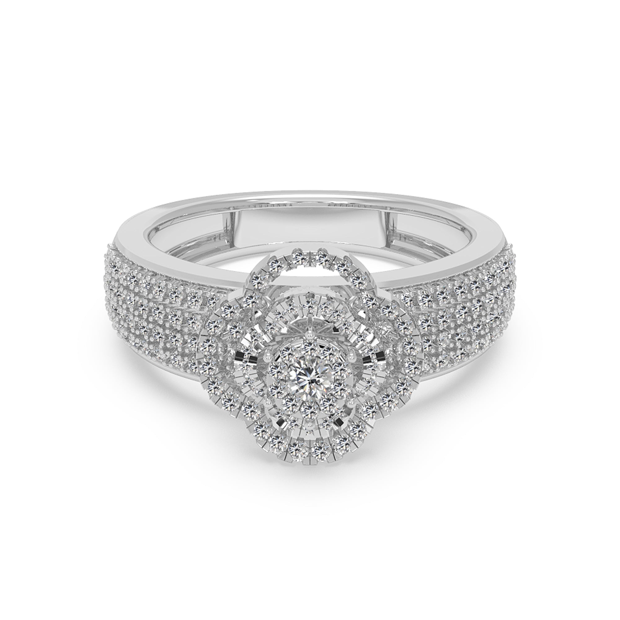 Round Lab Grown Diamond Double Halo Ring With Multi-Row Pave Band