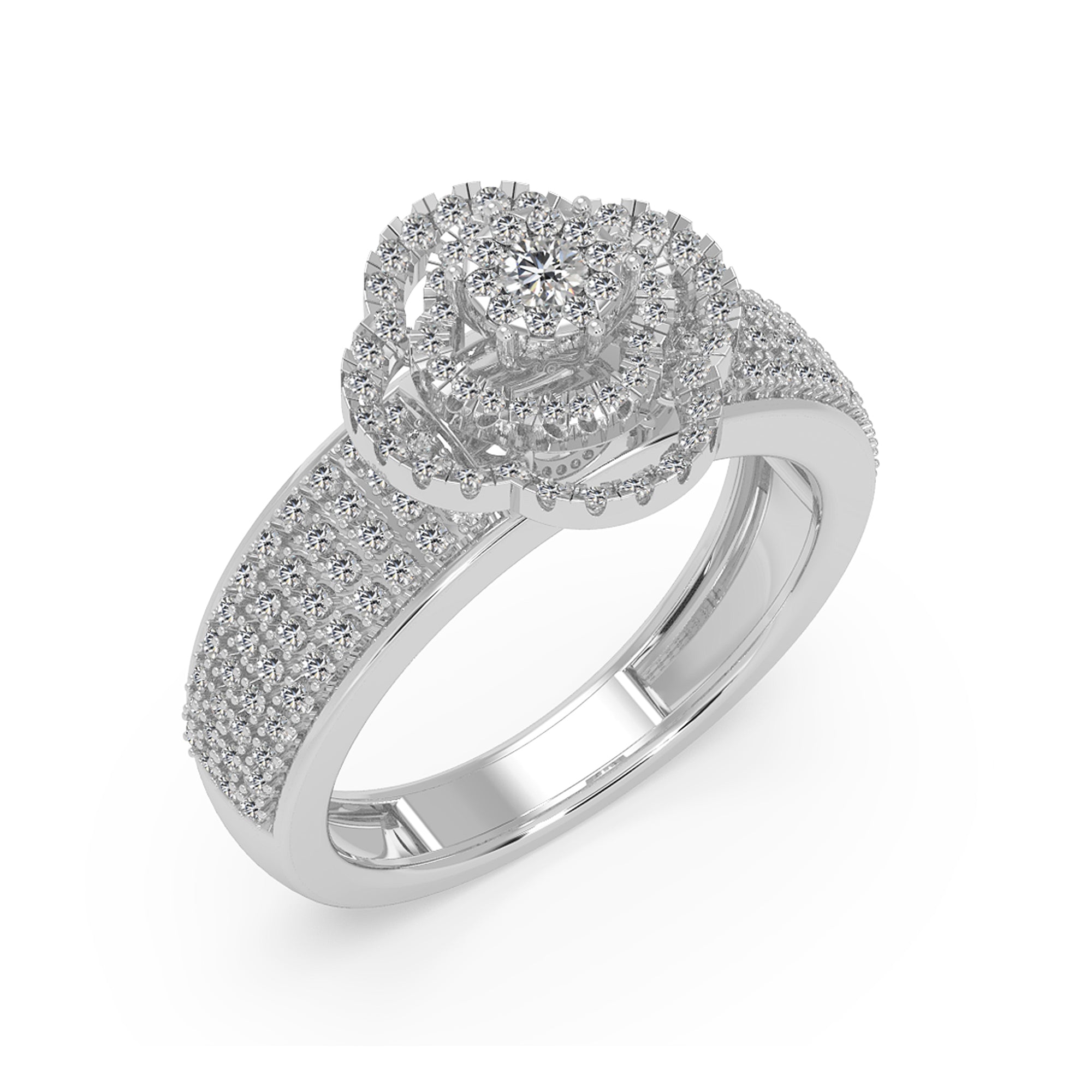 Round Lab Grown Diamond Double Halo Ring With Multi-Row Pave Band