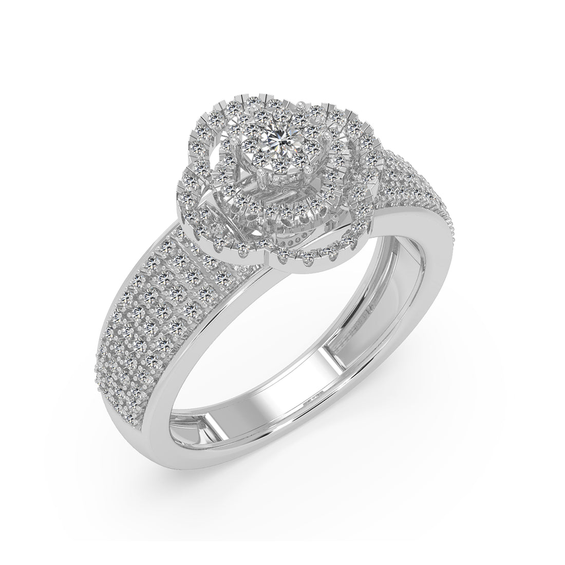 Round Lab Grown Diamond Double Halo Ring With Multi-Row Pave Band