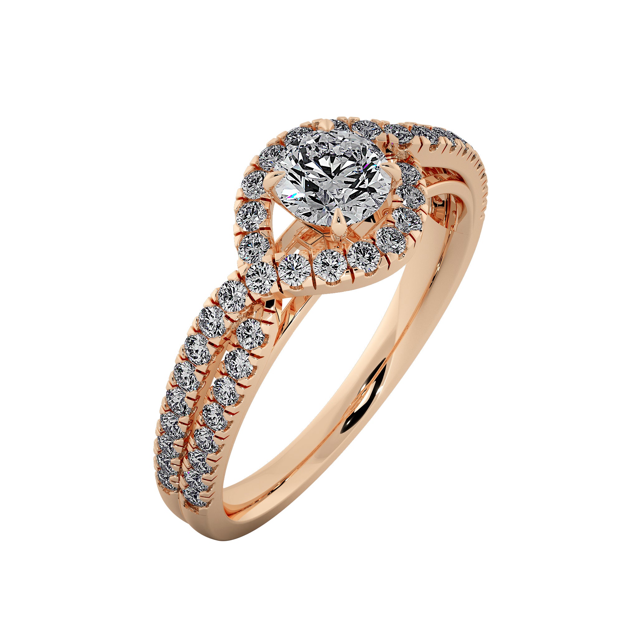 Round Brilliant Diamond Halo  Pave Split Shank Engagement Ring