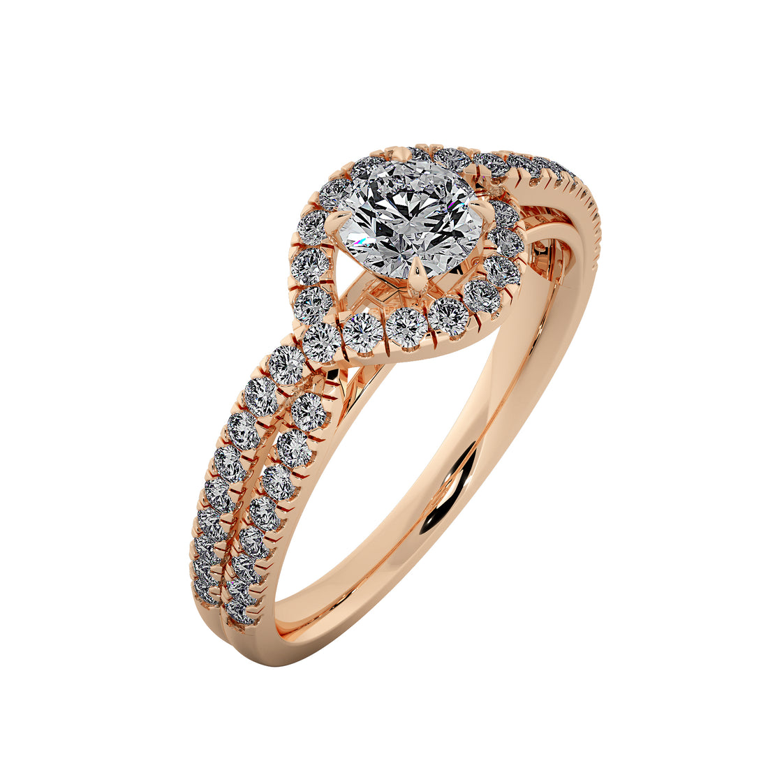 Round Brilliant Diamond Halo  Pave Split Shank Engagement Ring