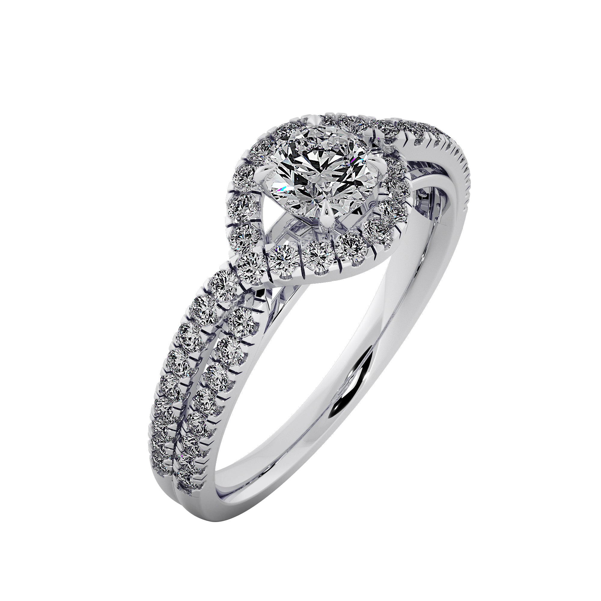 Round Brilliant Diamond Halo  Pave Split Shank Engagement Ring