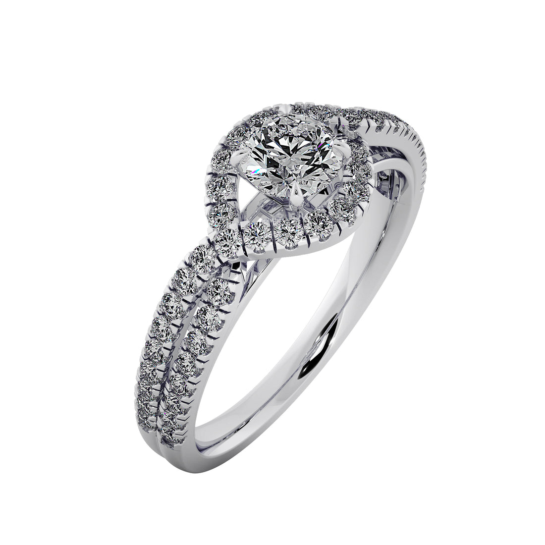 Round Brilliant Diamond Halo  Pave Split Shank Engagement Ring