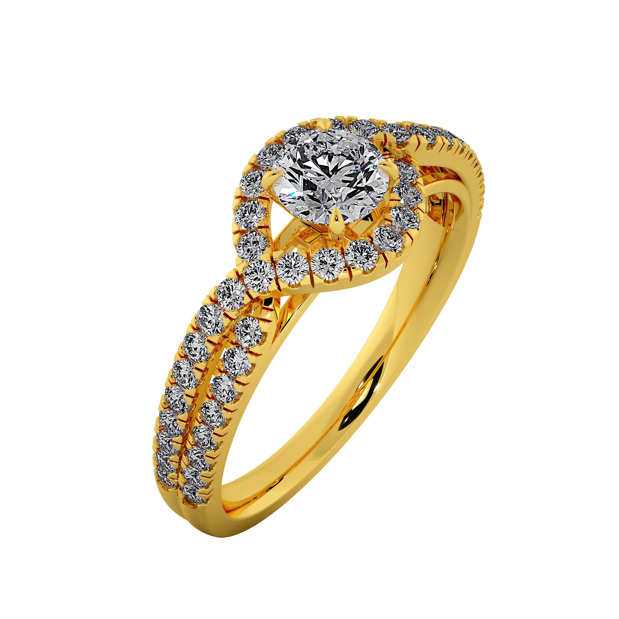 Round Brilliant Diamond Halo  Pave Split Shank Engagement Ring