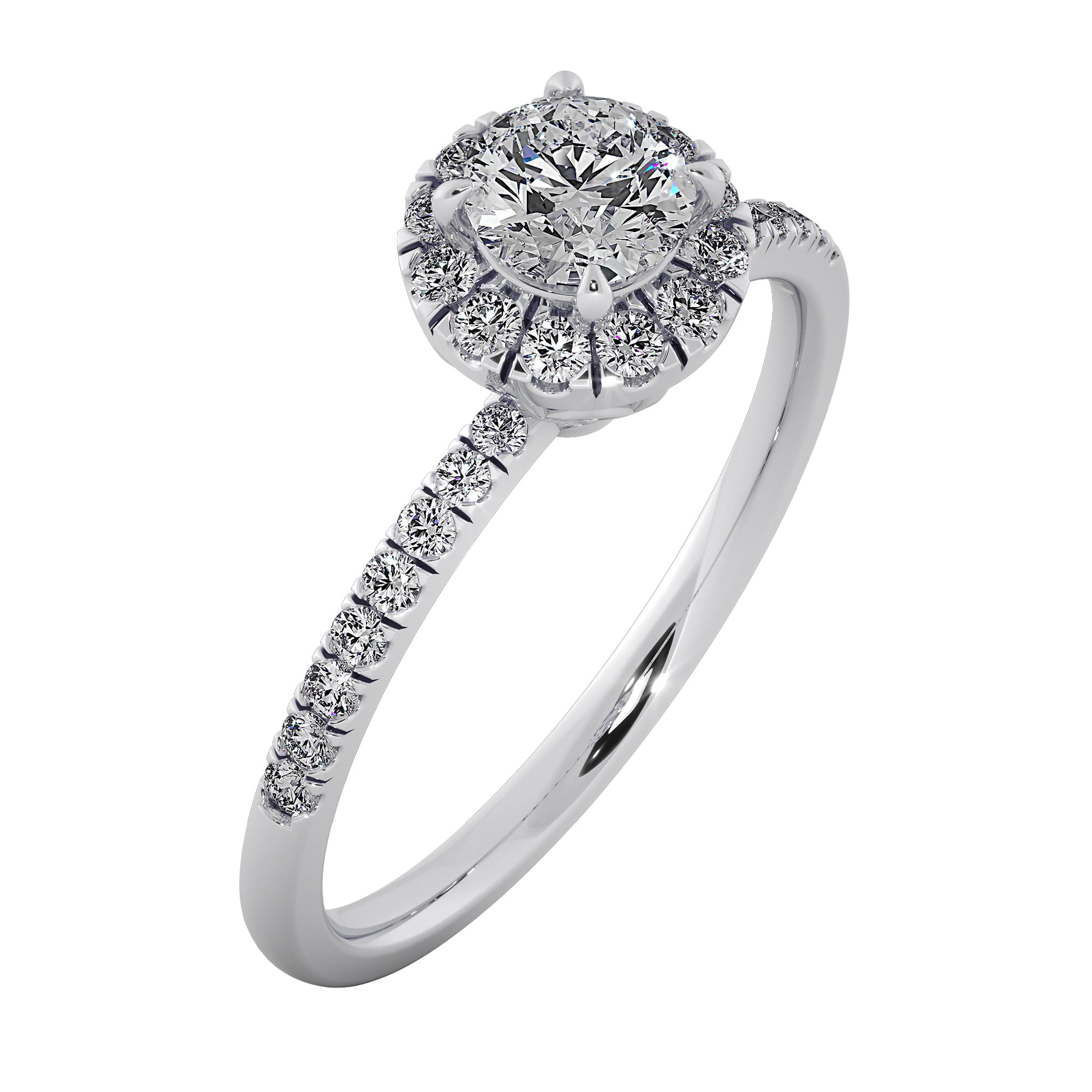 French Pavé Round Diamond Halo Engagement Ring