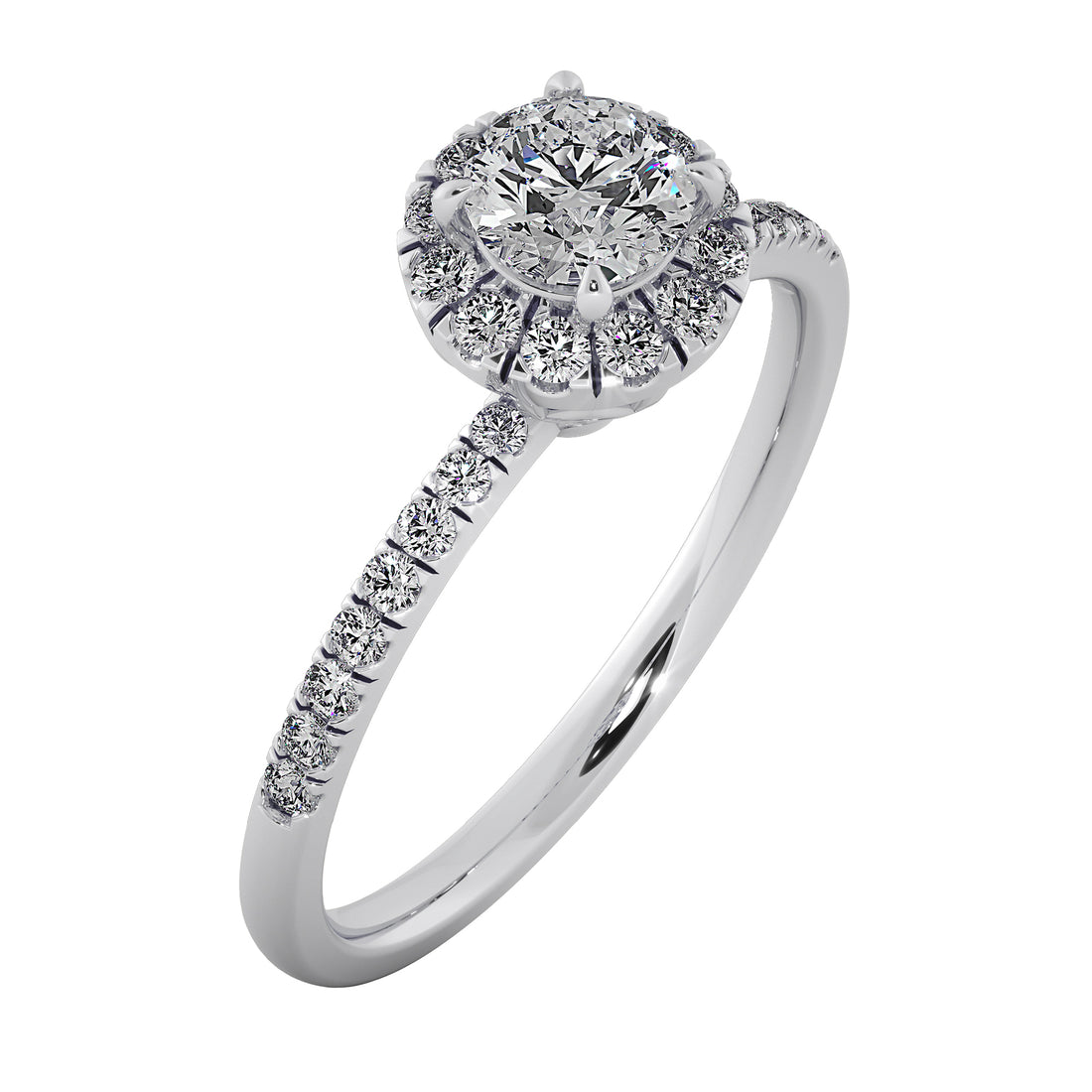 French Pavé Round Diamond Halo Engagement Ring