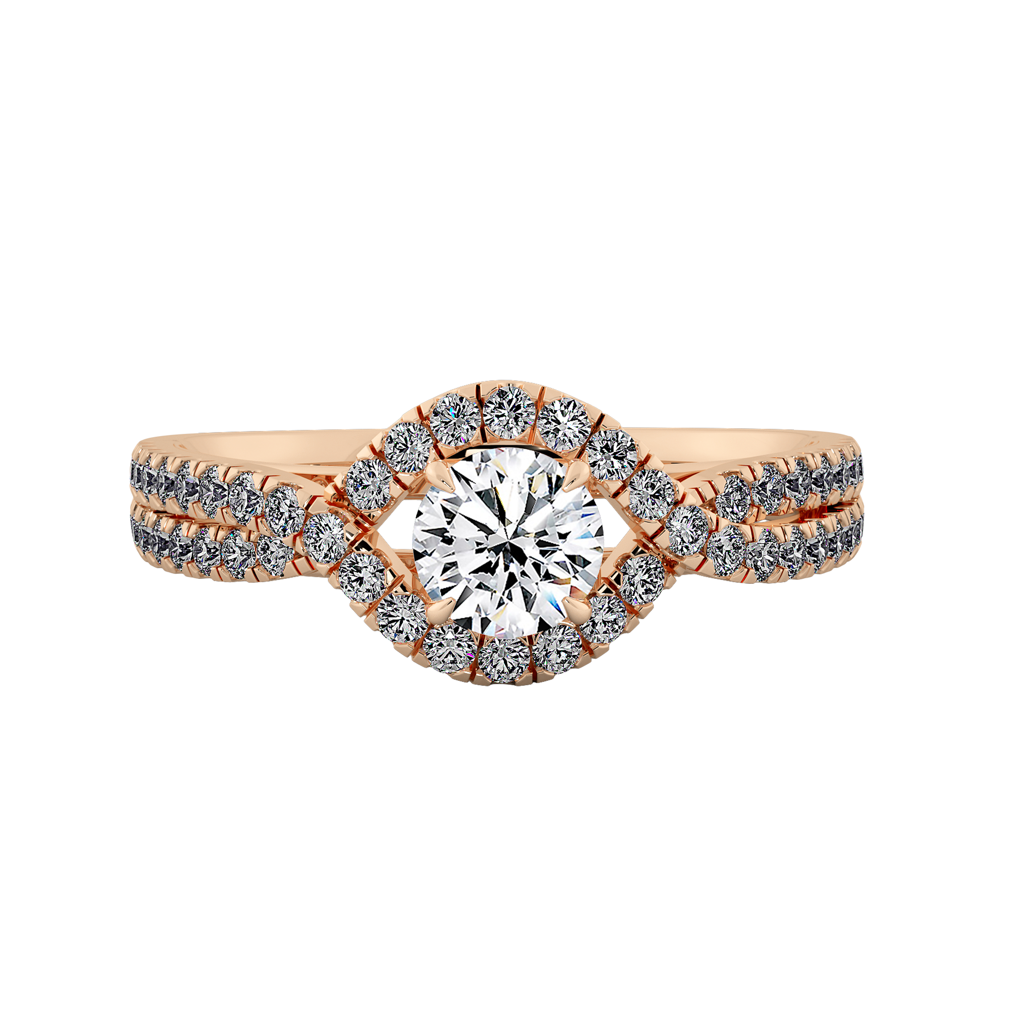 Round Brilliant Diamond Halo  Pave Split Shank Engagement Ring