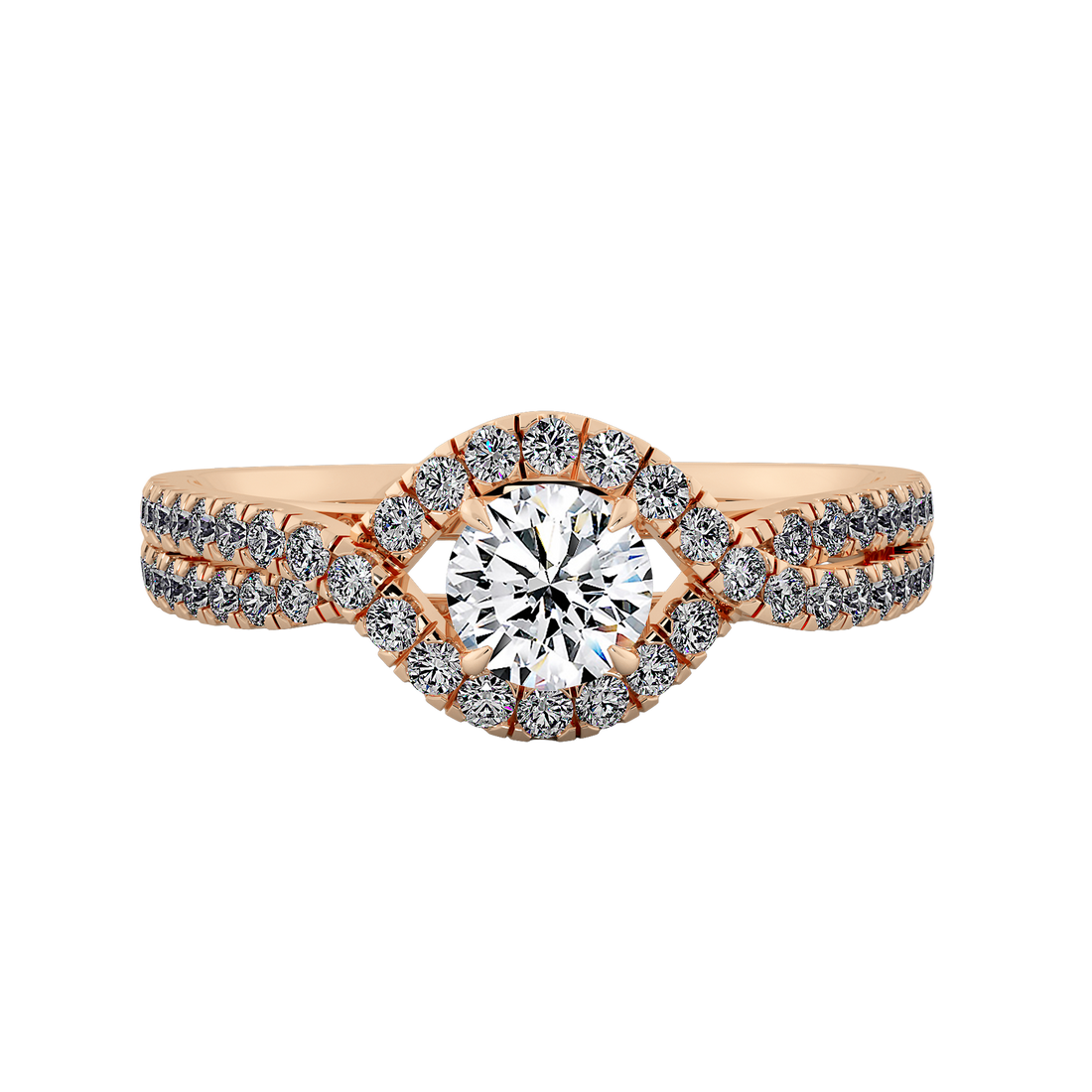 Round Brilliant Diamond Halo  Pave Split Shank Engagement Ring