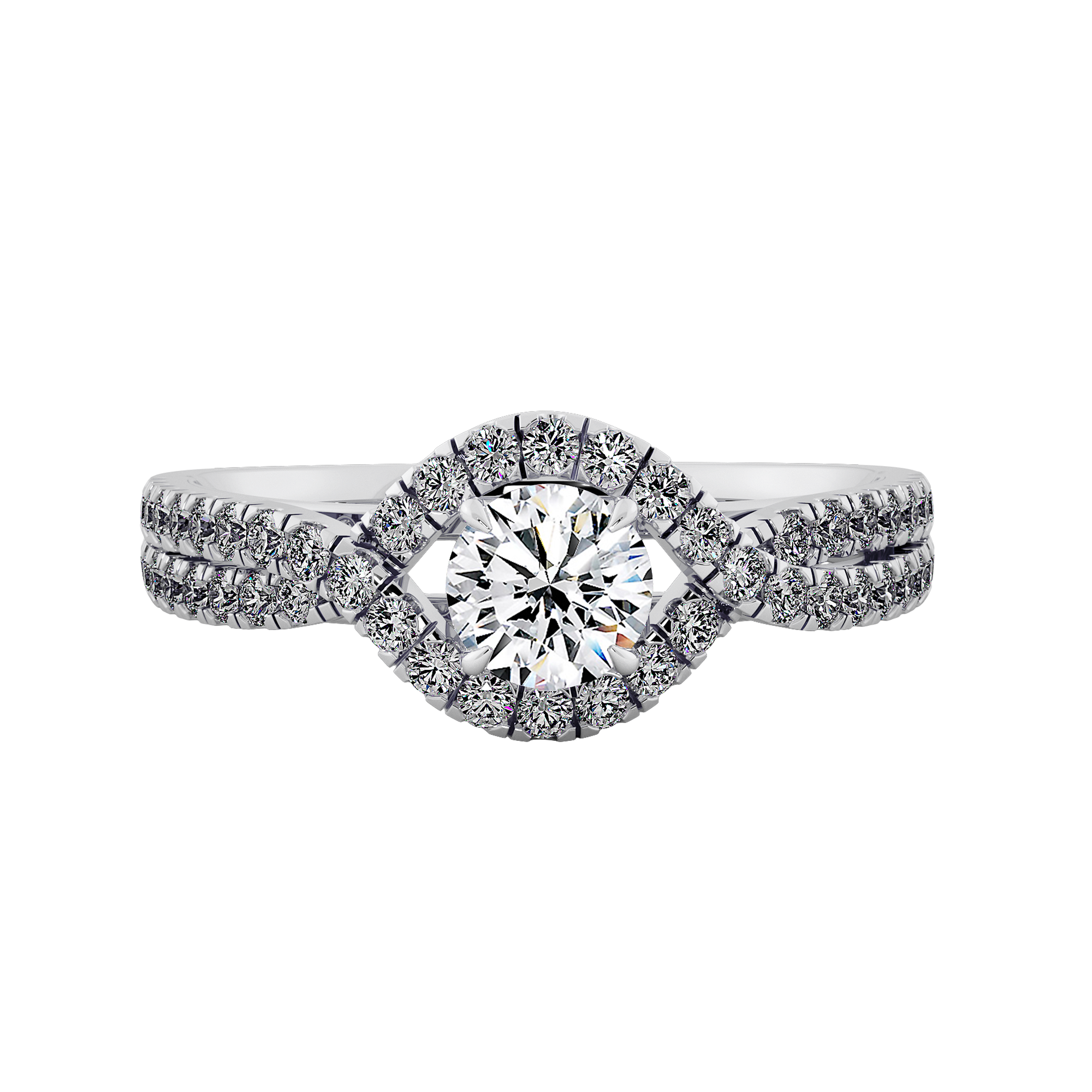 Round Brilliant Diamond Halo  Pave Split Shank Engagement Ring
