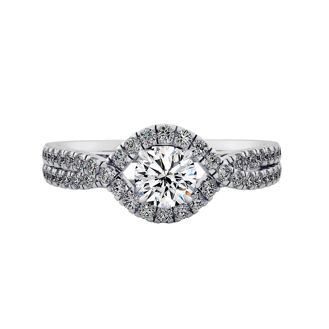 Round Brilliant Diamond Halo  Pave Split Shank Engagement Ring