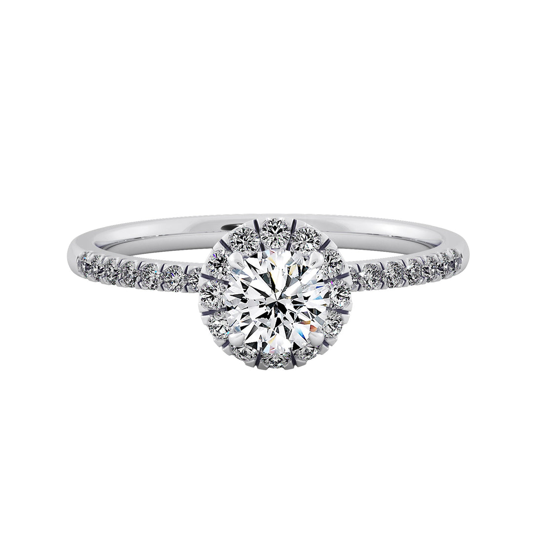 French Pavé Round Diamond Halo Engagement Ring