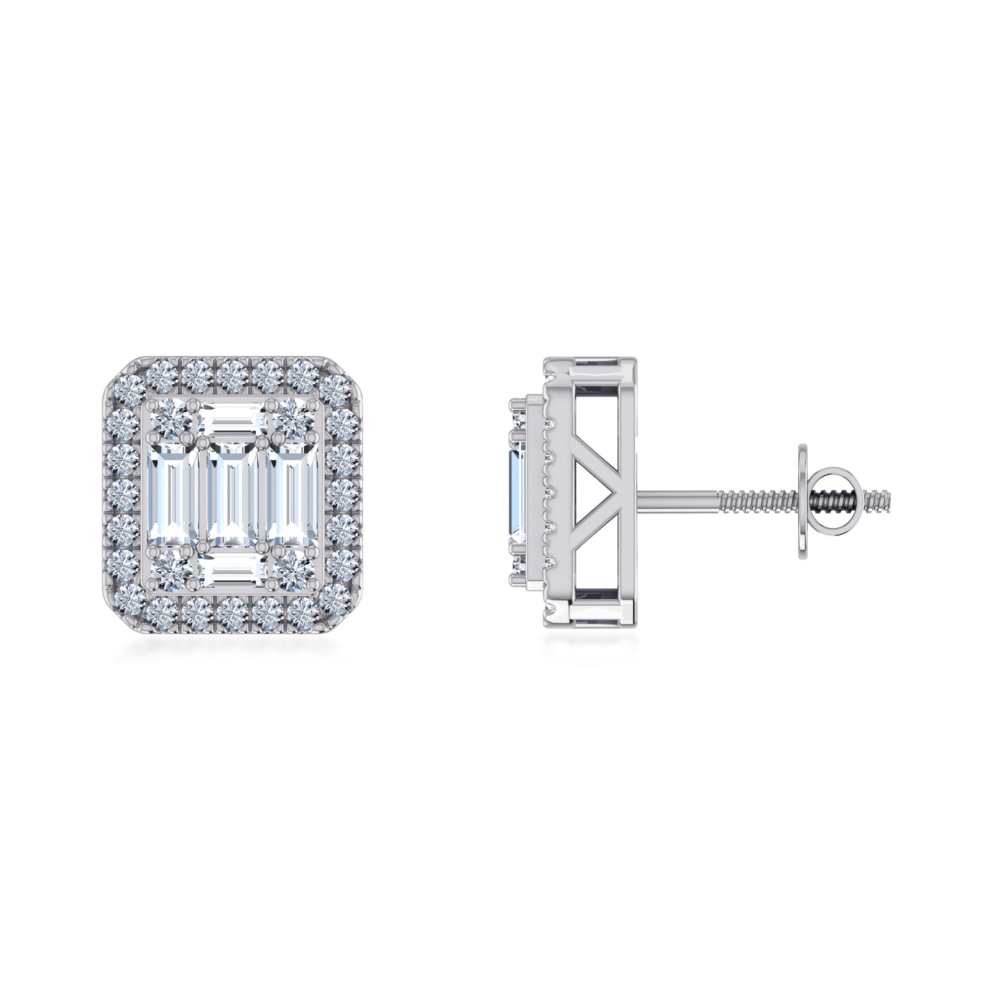Square Baguette Lab Grown Diamond Halo Stud Earrings 