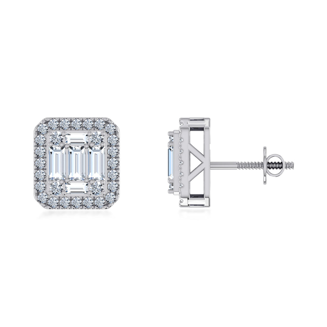Square Baguette Lab Grown Diamond Halo Stud Earrings 