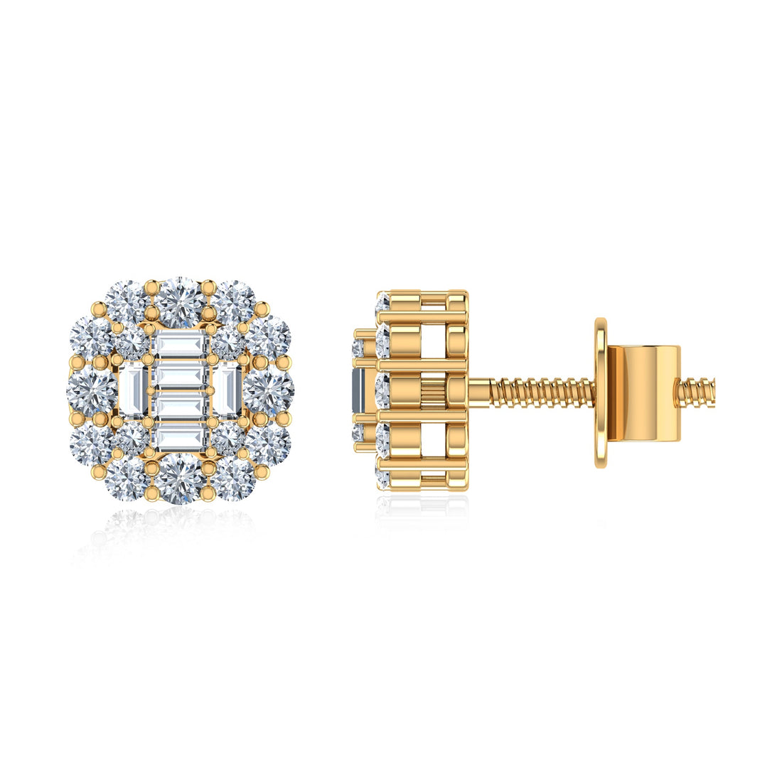 Square Cluster Lab Grown Earrings with Baguette Diamonds