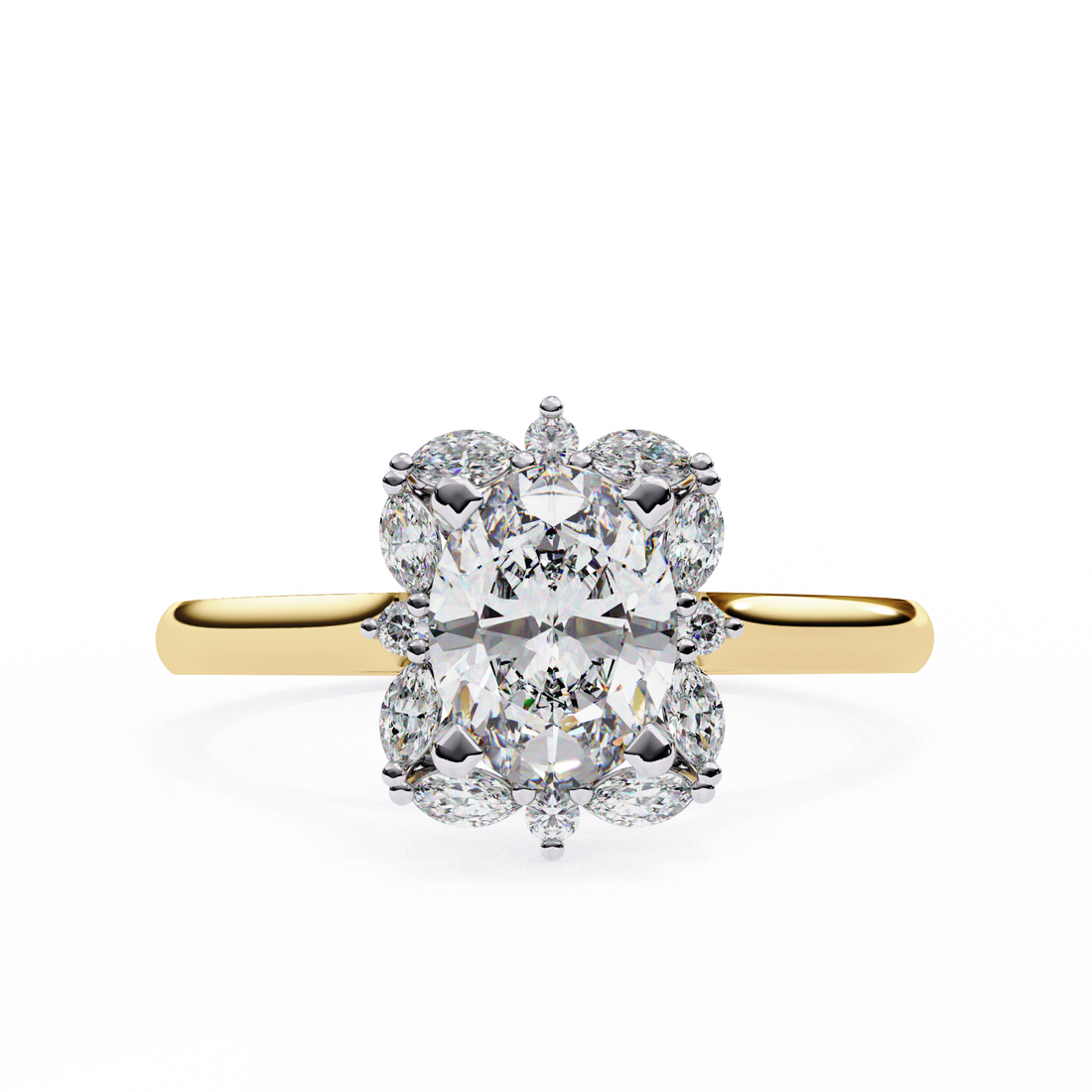 Unique Cluster Diamond Ring with Oval Center and Marquise Petals