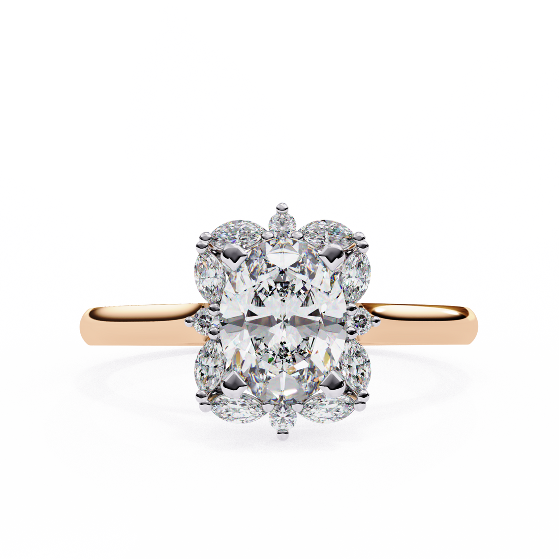 Unique Cluster Diamond Ring with Oval Center and Marquise Petals5